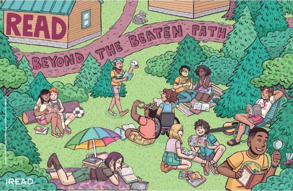a colorful illustration in a cartoon style that shows tweens and teens outside reading, talking, and relaxing with the words "read beyond the beaten path" at the top