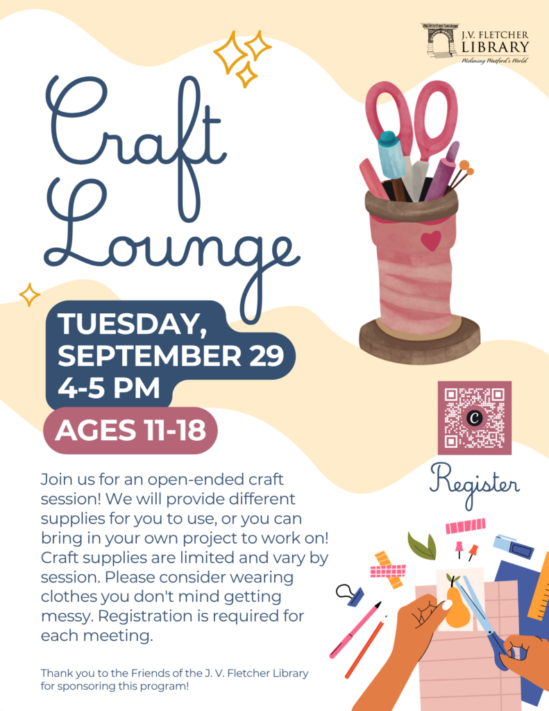 Promotional flyer for a Teen Craft Lounge at J.V. Fletcher Library on Tuesday, September 29 from 4 to 5 PM for ages 11 to 18, featuring illustrations of art supplies and a QR code to register.