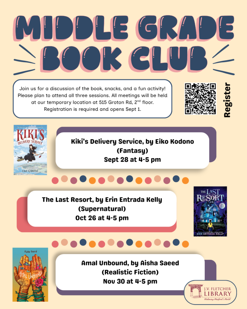 Promotional graphic for Middle Grade Book Club featuring event details, registration QR code, and featured books: Kiki’s Delivery Service (Sept 28), The Last Resort (Oct 26), and Amal Unbound (Nov 30).